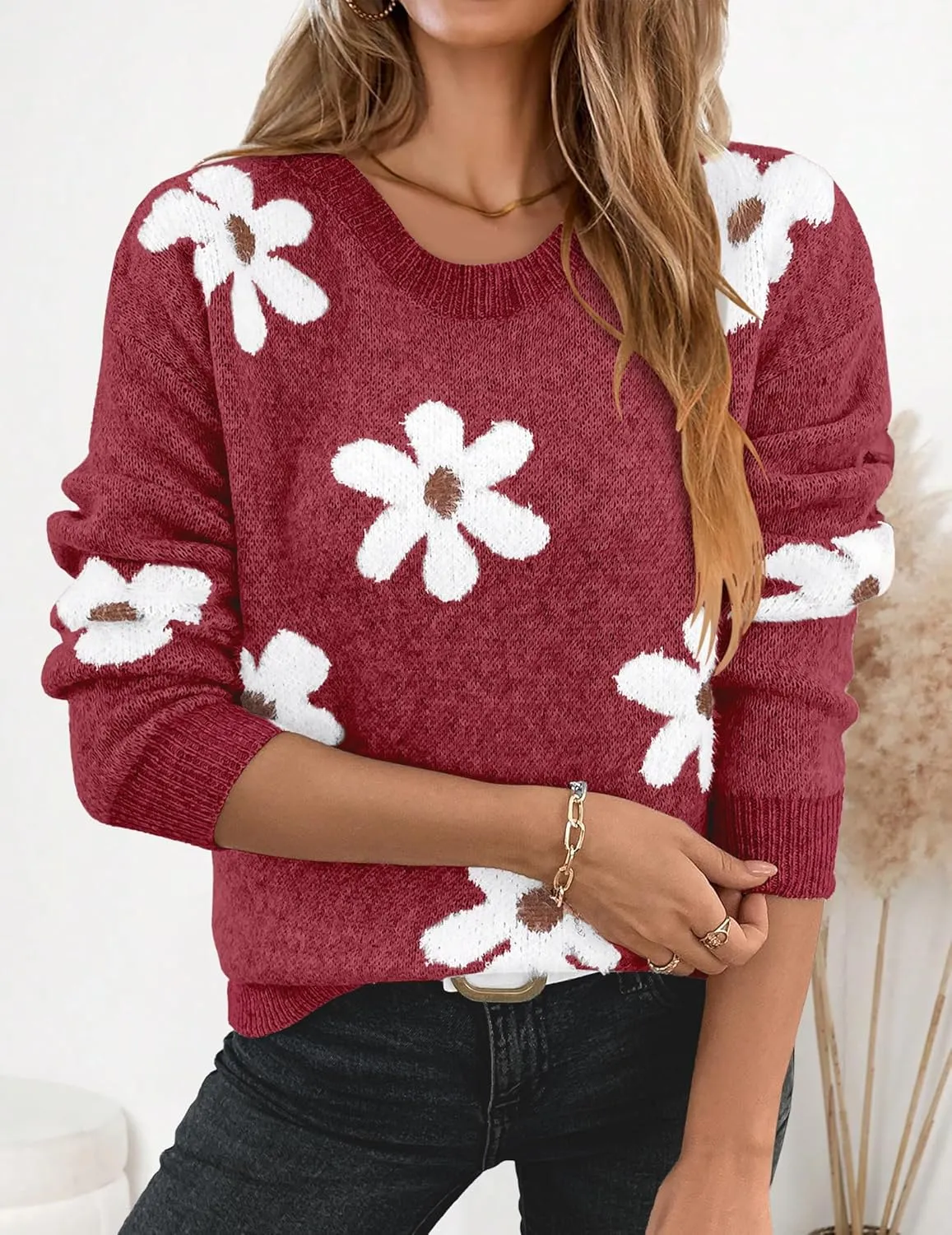 Womens Oversized Cute Fluffy Flower Sweater Spring 2025 Trendy Outfits Crew Neck Knit Pullover Top