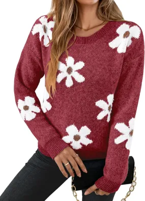 Womens Oversized Cute Fluffy Flower Sweater Spring 2025 Trendy Outfits Crew Neck Knit Pullover Top