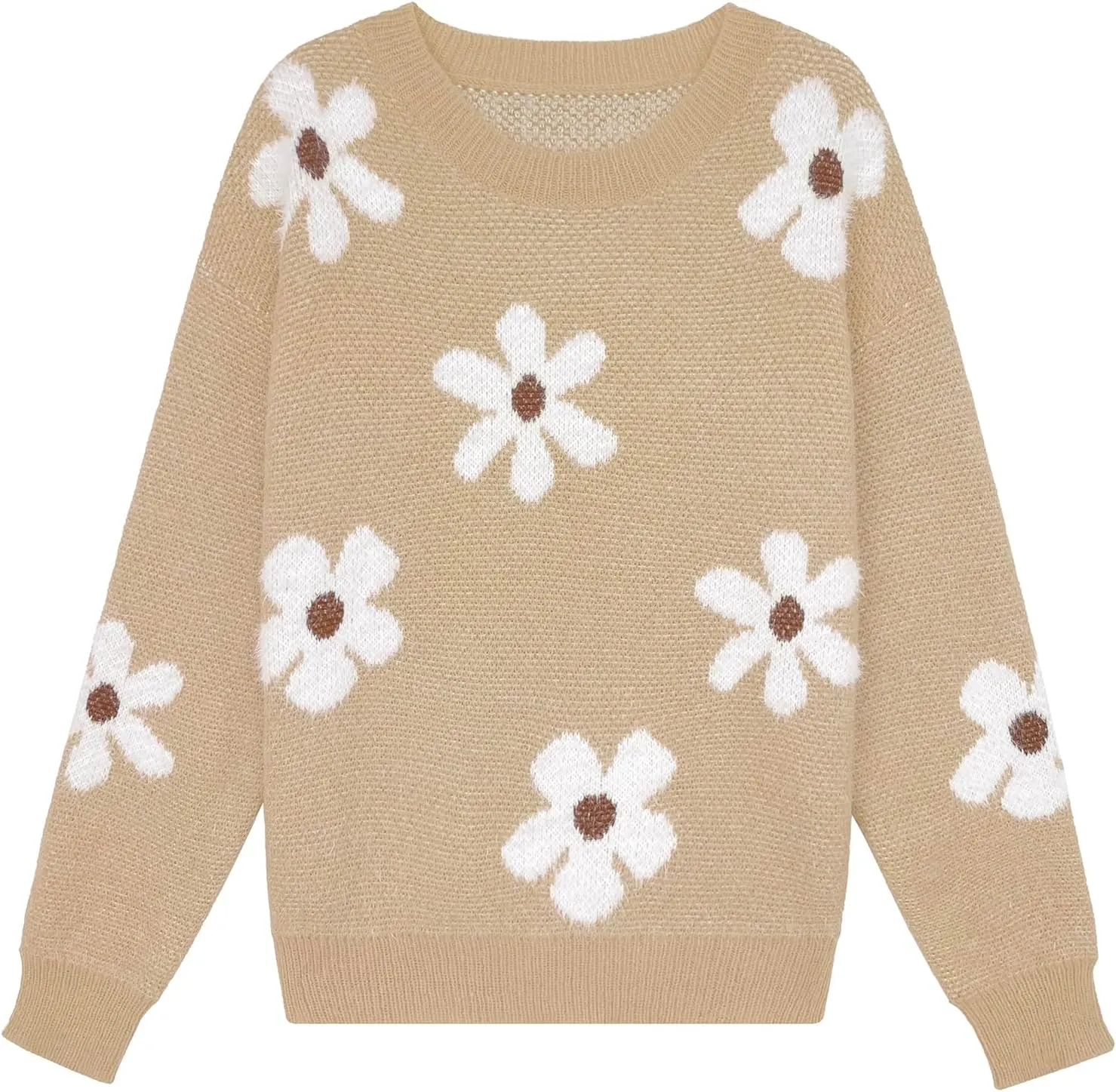 Womens Oversized Cute Fluffy Flower Sweater Spring 2025 Trendy Outfits Crew Neck Knit Pullover Top