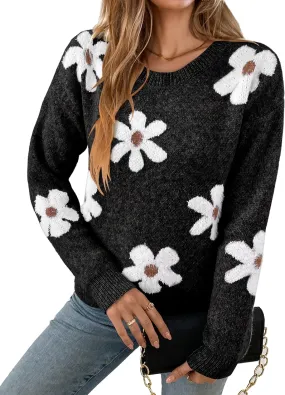 Womens Oversized Cute Fluffy Flower Sweater Spring 2025 Trendy Outfits Crew Neck Knit Pullover Top