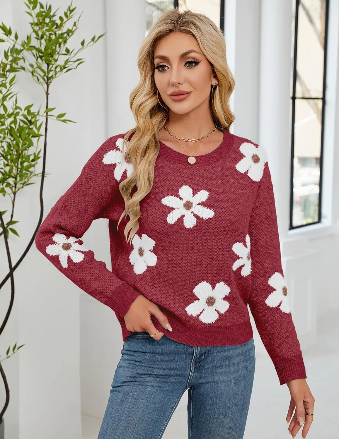 Womens Oversized Cute Fluffy Flower Sweater Spring 2025 Trendy Outfits Crew Neck Knit Pullover Top