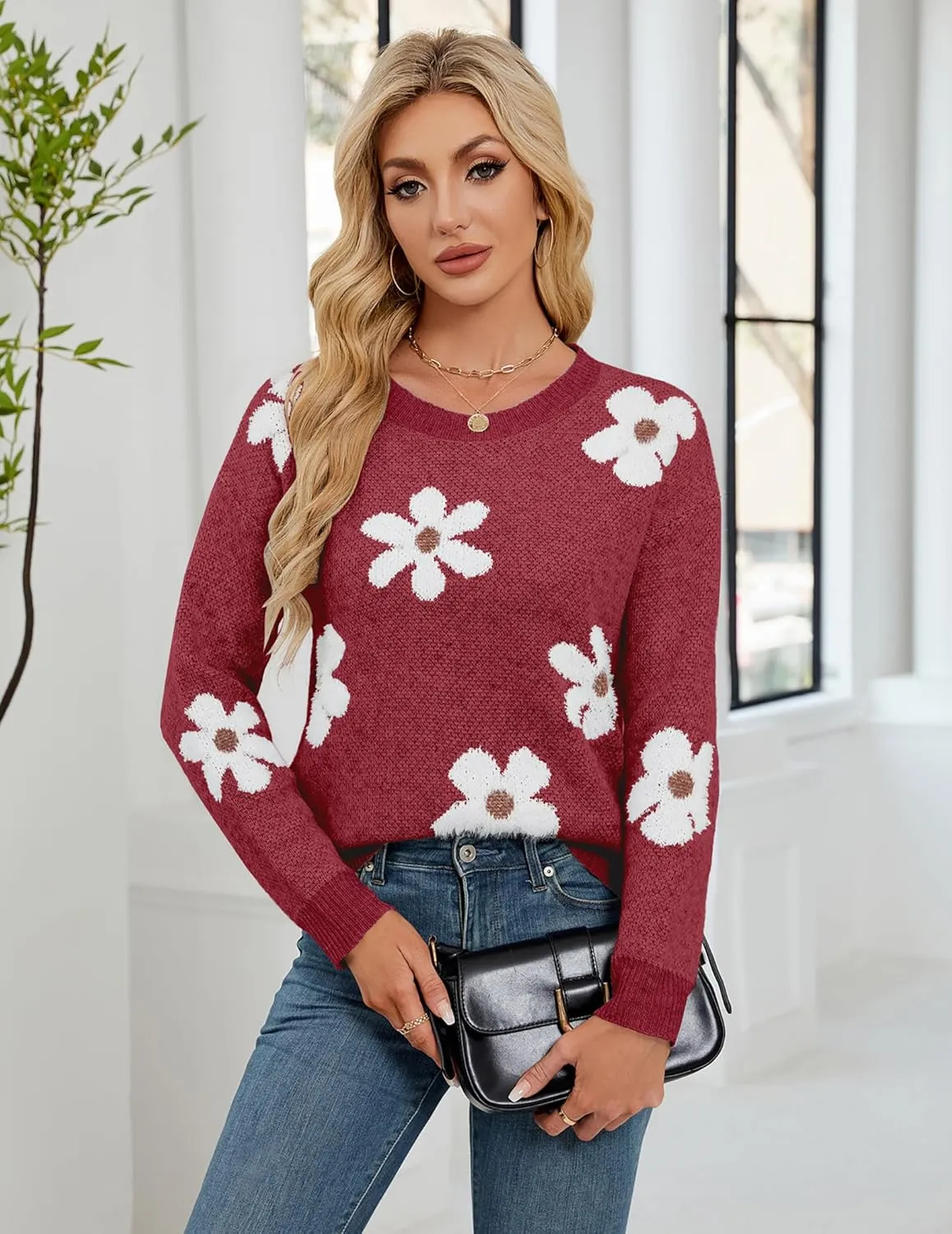 Womens Oversized Cute Fluffy Flower Sweater Spring 2025 Trendy Outfits Crew Neck Knit Pullover Top