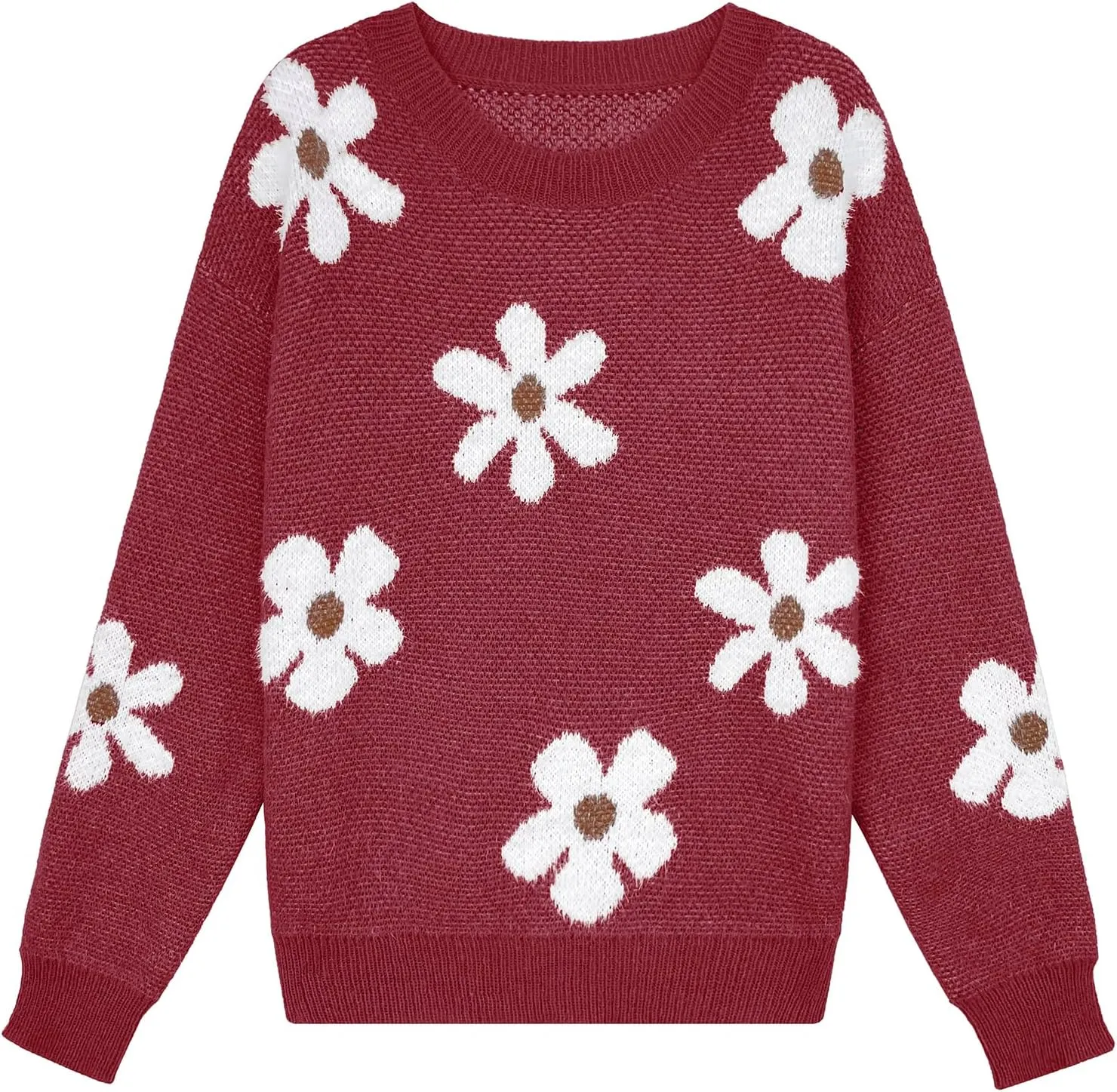 Womens Oversized Cute Fluffy Flower Sweater Spring 2025 Trendy Outfits Crew Neck Knit Pullover Top