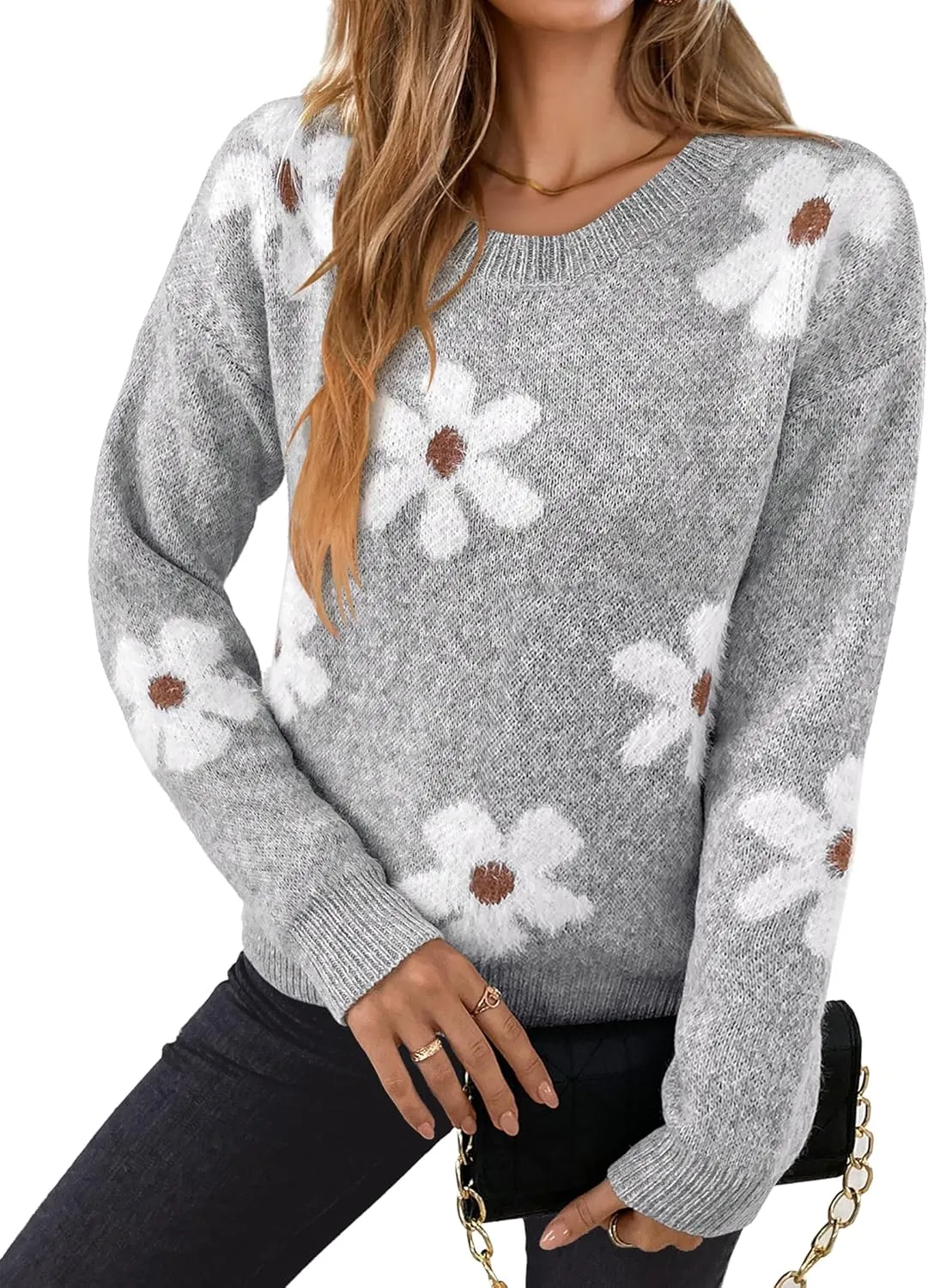 Womens Oversized Cute Fluffy Flower Sweater Spring 2025 Trendy Outfits Crew Neck Knit Pullover Top