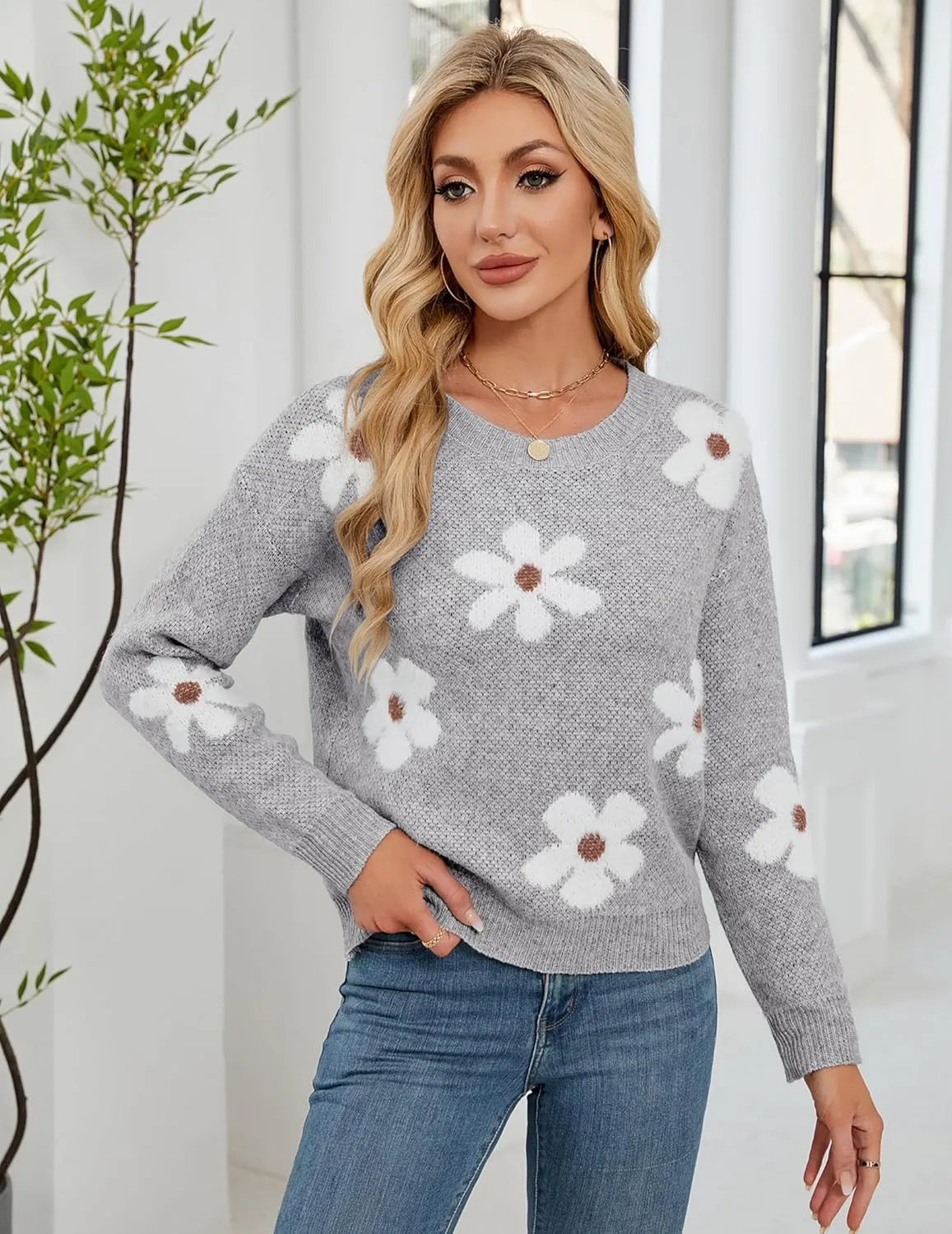 Womens Oversized Cute Fluffy Flower Sweater Spring 2025 Trendy Outfits Crew Neck Knit Pullover Top