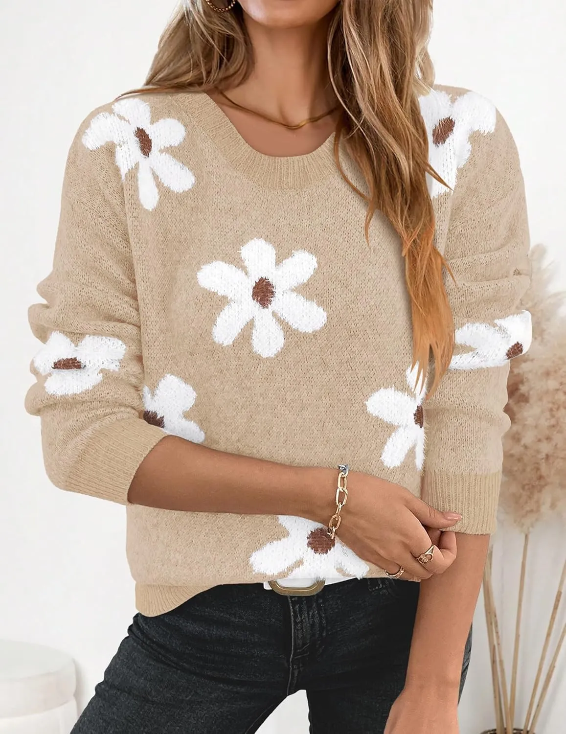 Womens Oversized Cute Fluffy Flower Sweater Spring 2025 Trendy Outfits Crew Neck Knit Pullover Top