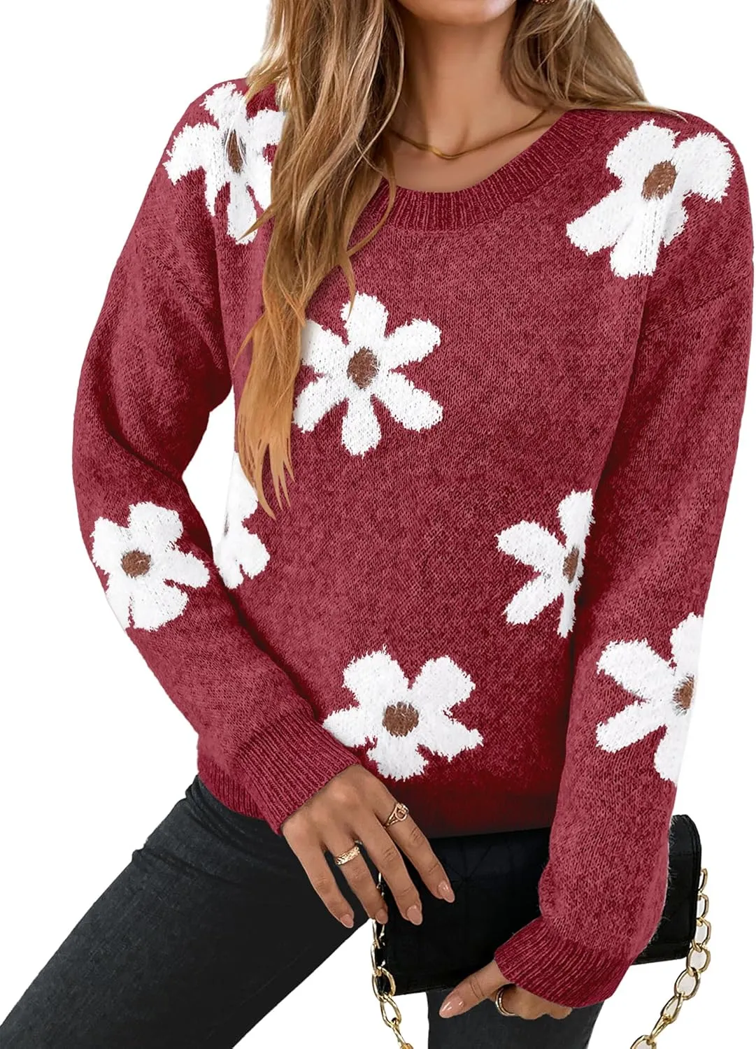 Womens Oversized Cute Fluffy Flower Sweater Spring 2025 Trendy Outfits Crew Neck Knit Pullover Top