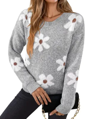 Womens Oversized Cute Fluffy Flower Sweater Spring 2025 Trendy Outfits Crew Neck Knit Pullover Top