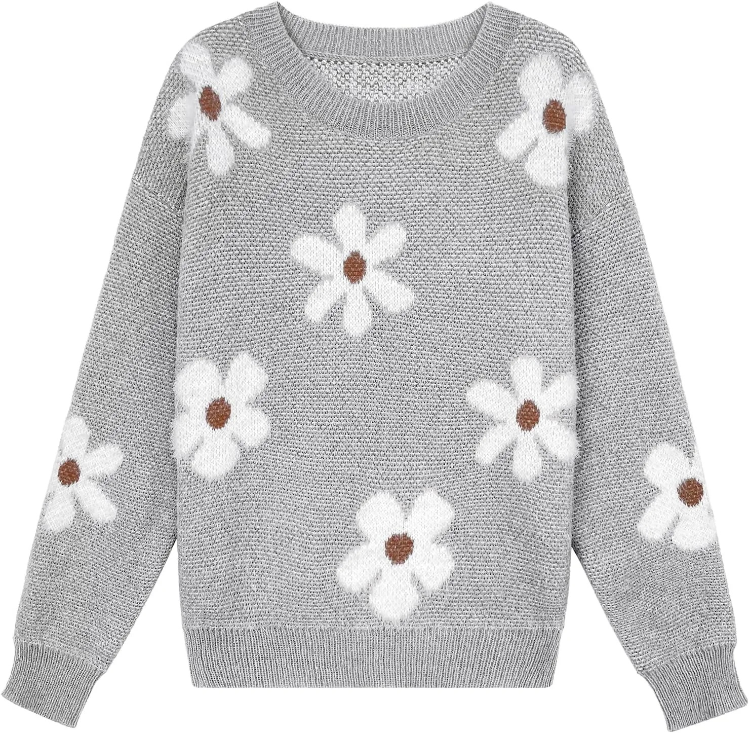 Womens Oversized Cute Fluffy Flower Sweater Spring 2025 Trendy Outfits Crew Neck Knit Pullover Top