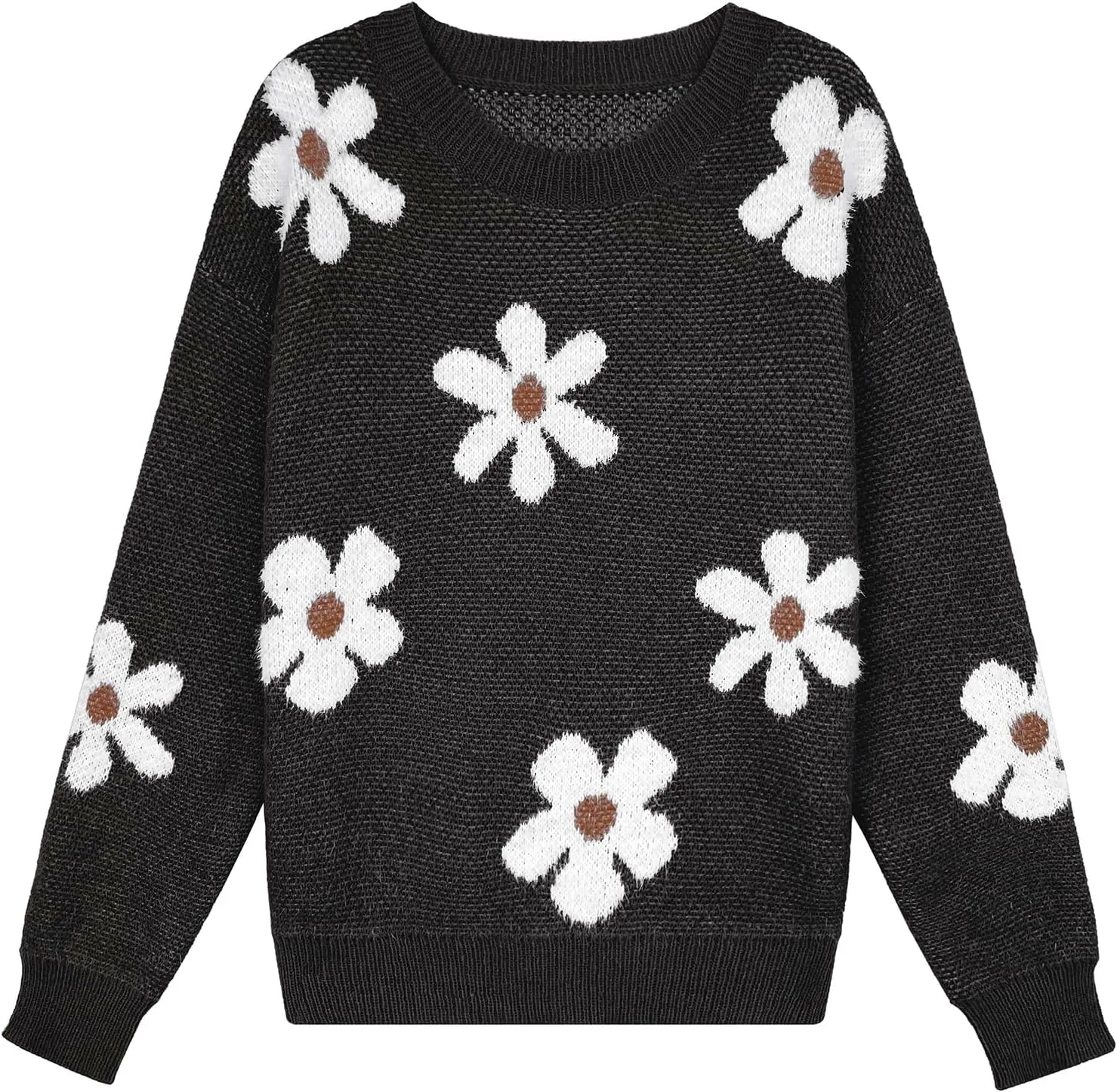 Womens Oversized Cute Fluffy Flower Sweater Spring 2025 Trendy Outfits Crew Neck Knit Pullover Top