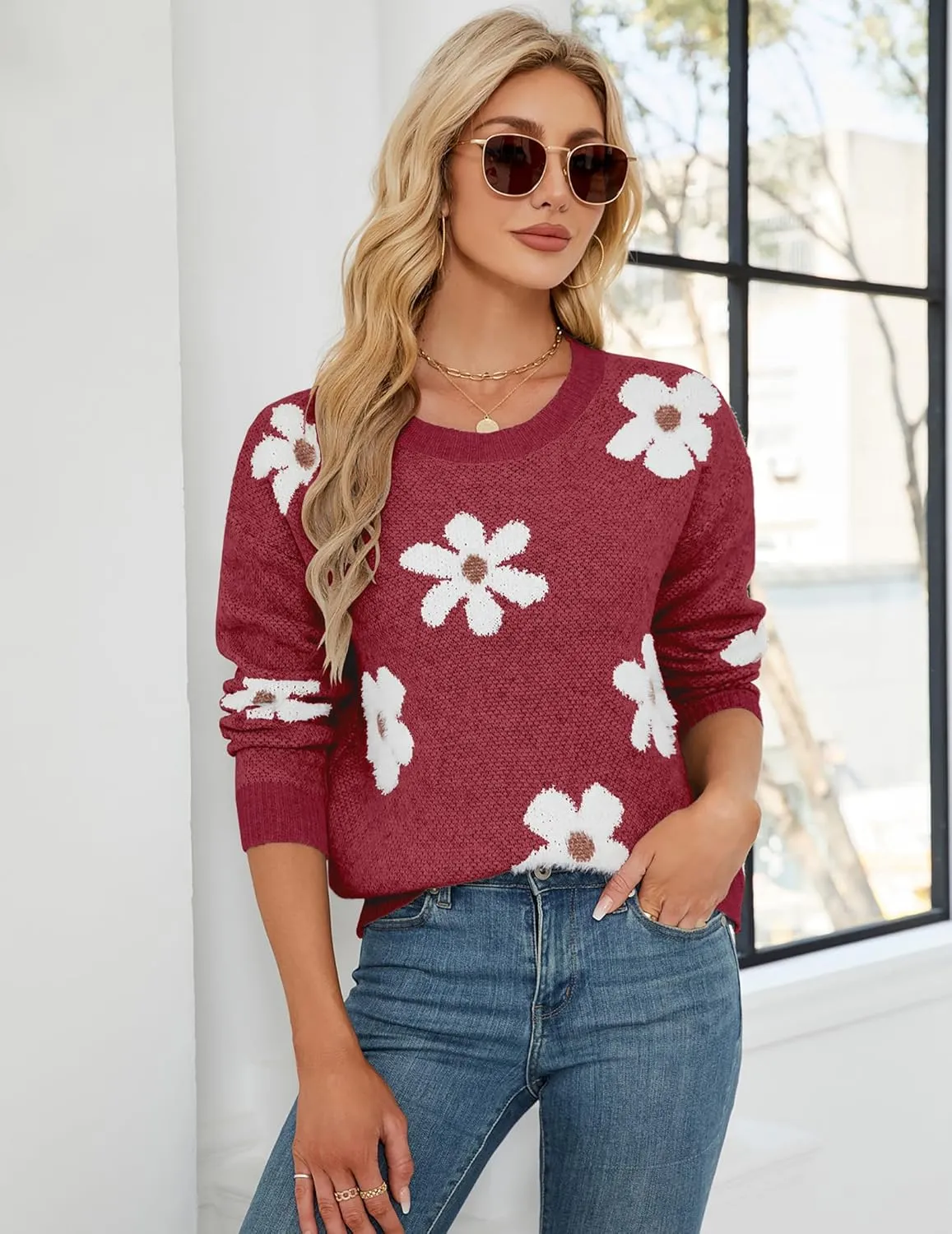 Womens Oversized Cute Fluffy Flower Sweater Spring 2025 Trendy Outfits Crew Neck Knit Pullover Top