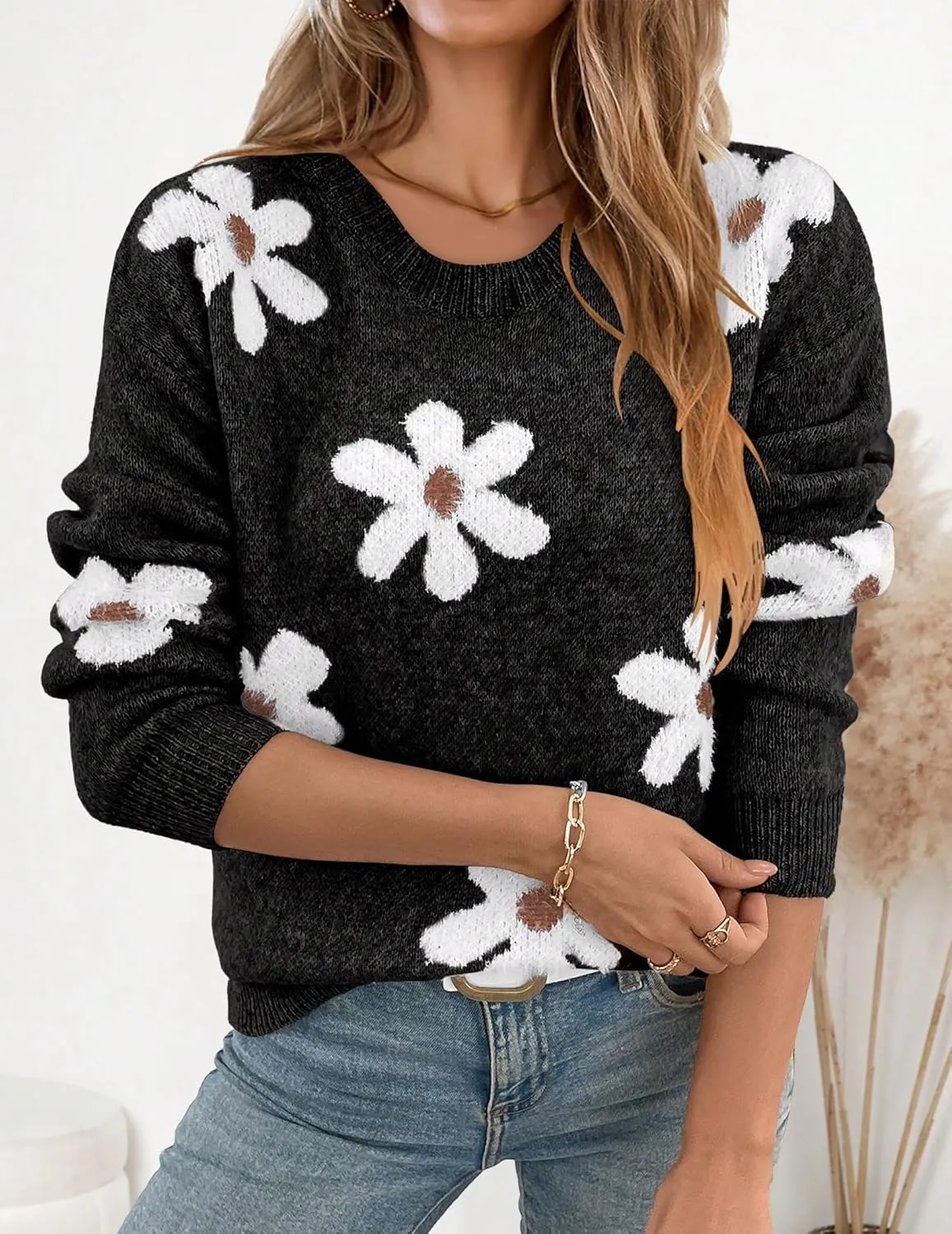 Womens Oversized Cute Fluffy Flower Sweater Spring 2025 Trendy Outfits Crew Neck Knit Pullover Top