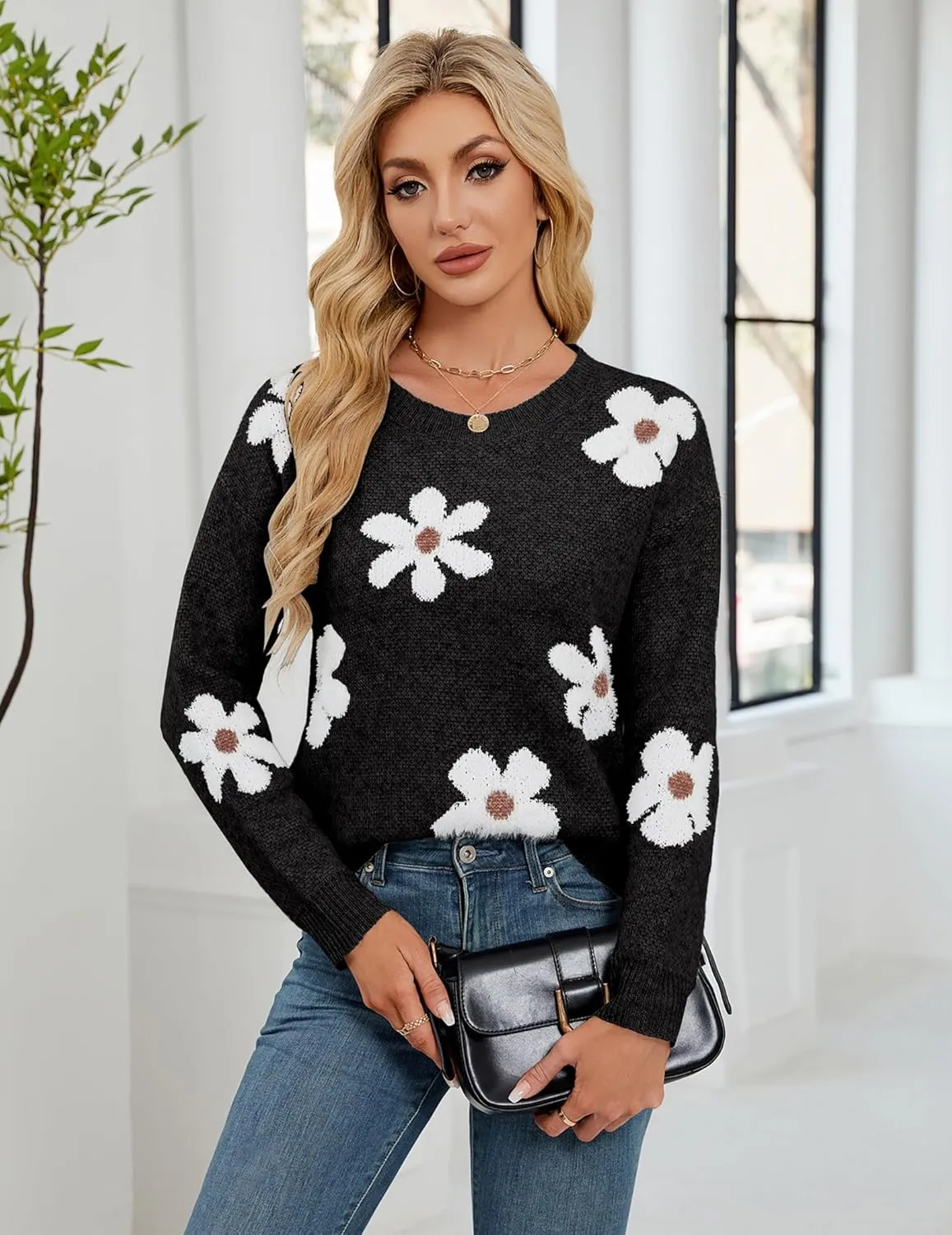 Womens Oversized Cute Fluffy Flower Sweater Spring 2025 Trendy Outfits Crew Neck Knit Pullover Top