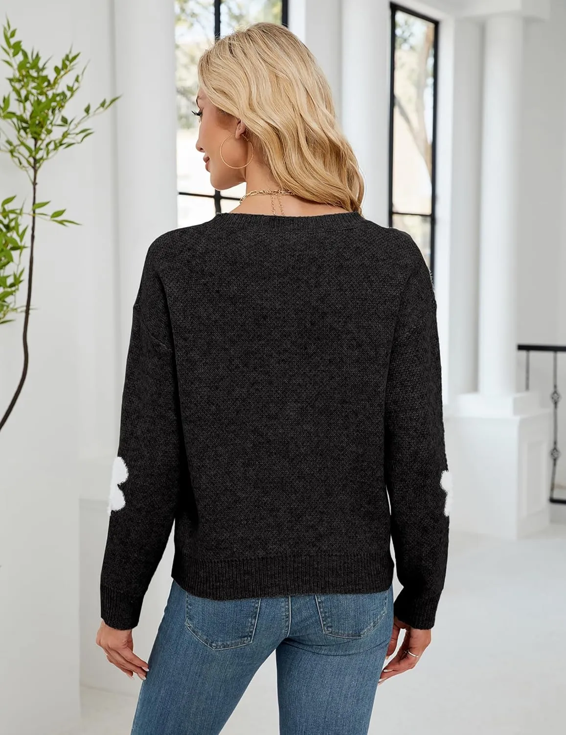 Womens Oversized Cute Fluffy Flower Sweater Spring 2025 Trendy Outfits Crew Neck Knit Pullover Top