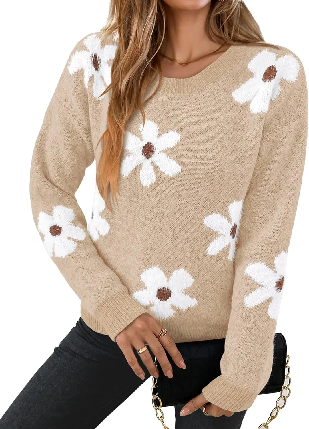 Womens Oversized Cute Fluffy Flower Sweater Spring 2025 Trendy Outfits Crew Neck Knit Pullover Top