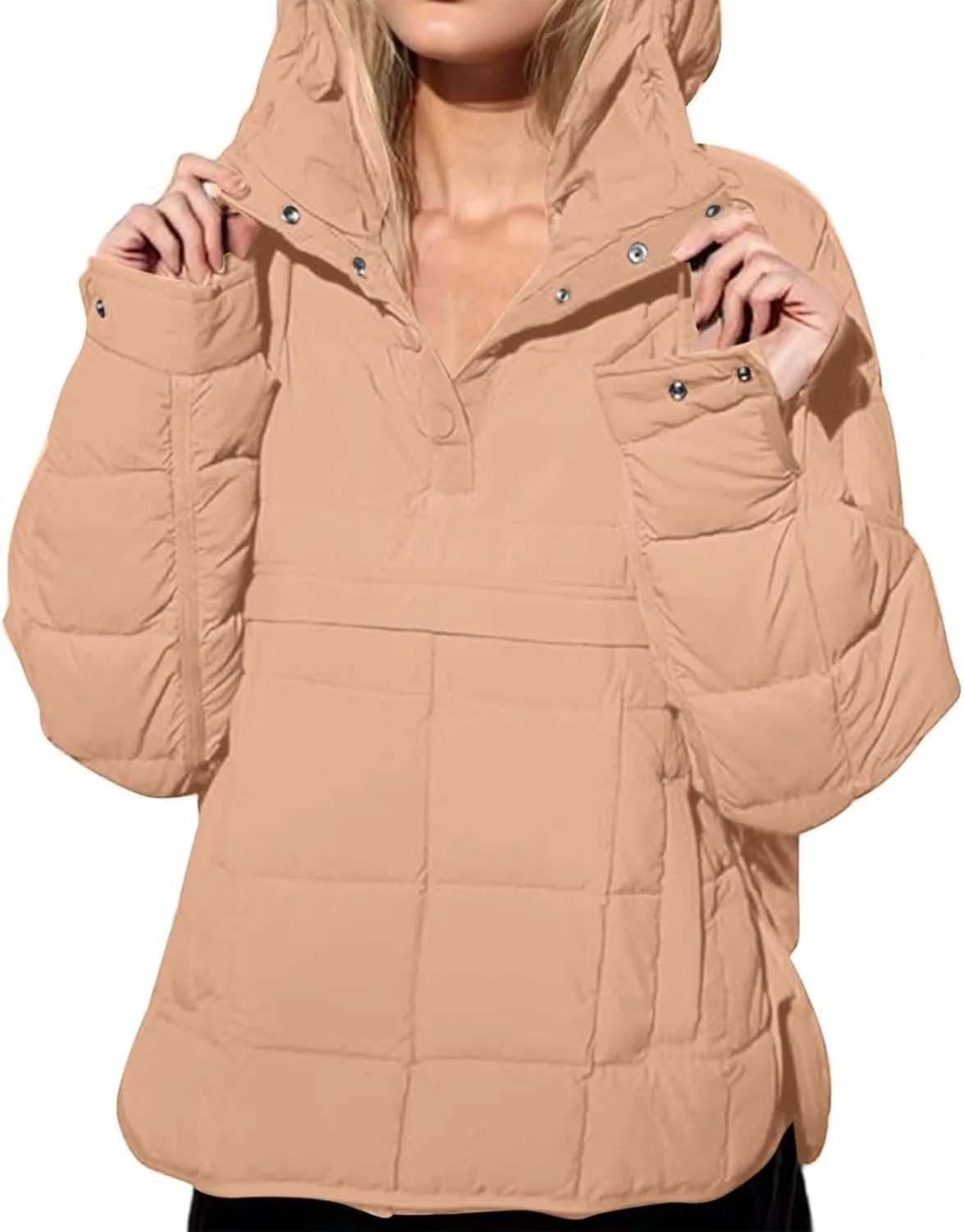 Women's Oversized Puffer Jacket with Hood Quilted Lightweight Winter Warm Pullover Padded Cotton Coat Trendy