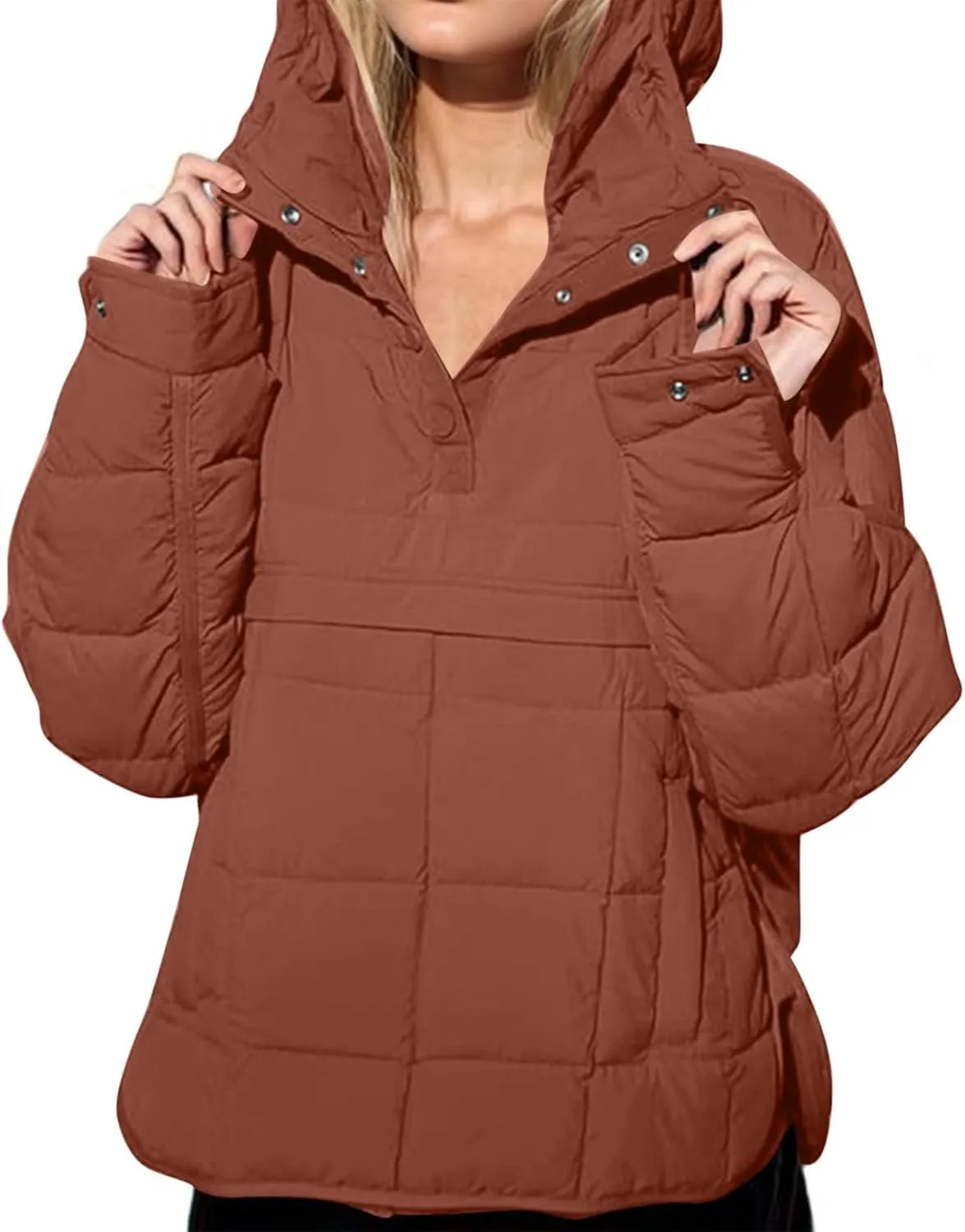 Women's Oversized Puffer Jacket with Hood Quilted Lightweight Winter Warm Pullover Padded Cotton Coat Trendy