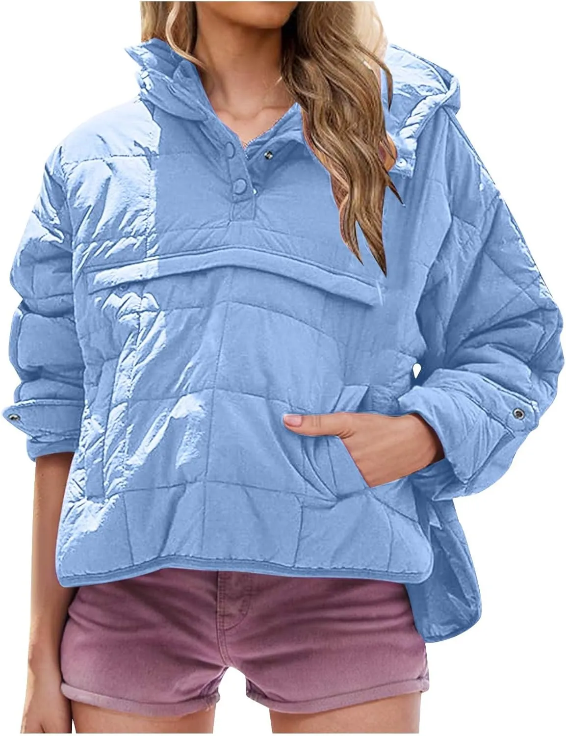 Women's Oversized Puffer Jacket with Hood Quilted Lightweight Winter Warm Pullover Padded Cotton Coat Trendy