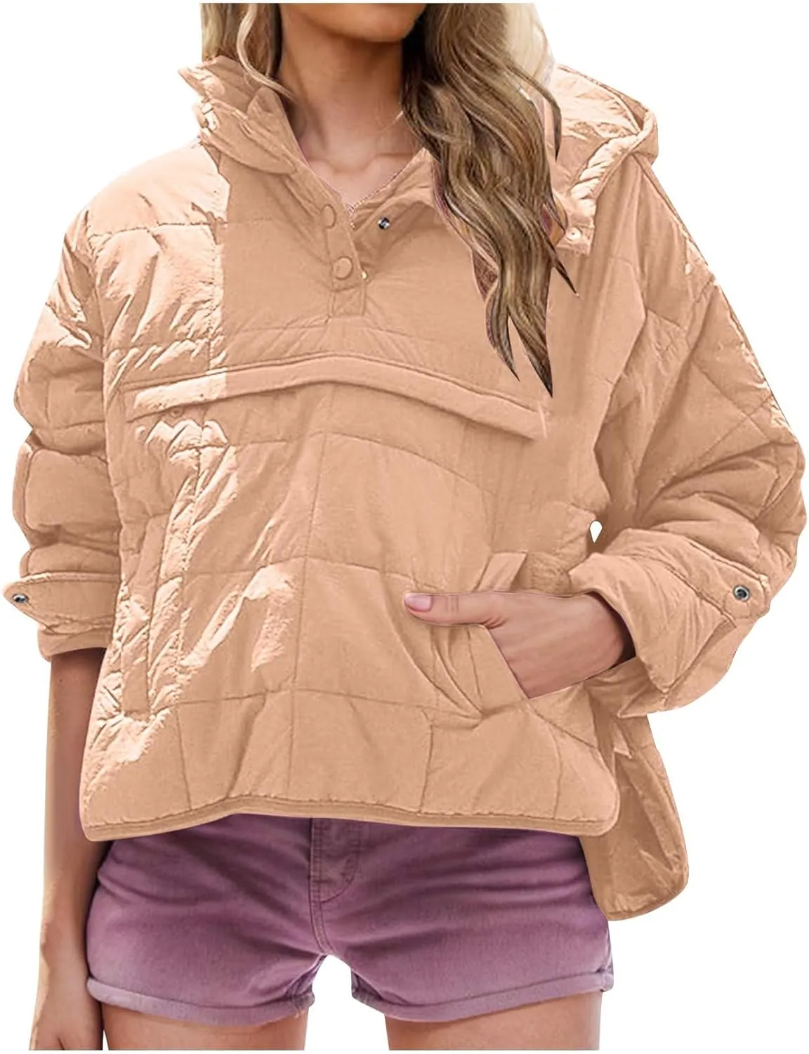 Women's Oversized Puffer Jacket with Hood Quilted Lightweight Winter Warm Pullover Padded Cotton Coat Trendy