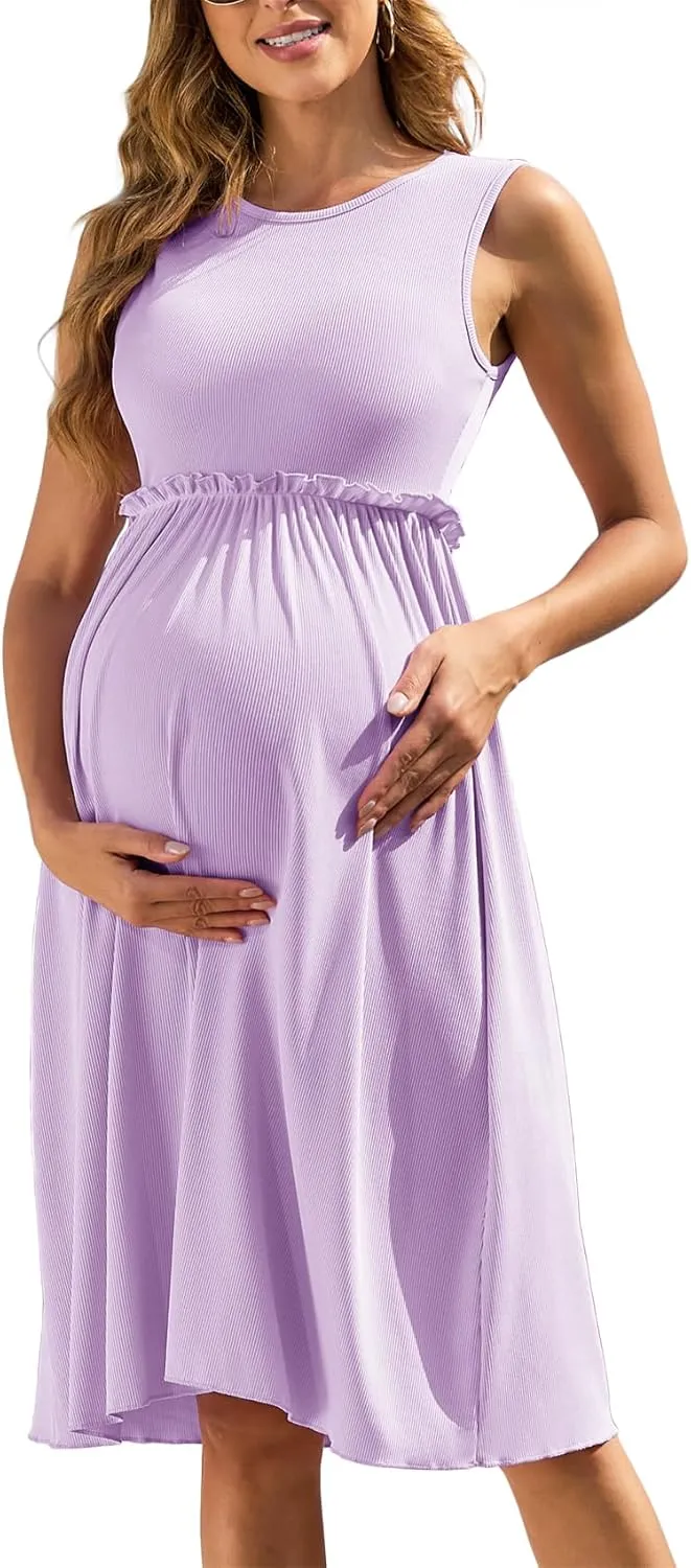 Women's Ribbed Knit Maternity Dress Frill Trim Flowy Shift High Waisted A-Line Round Neck Short Pregnancy Dresses