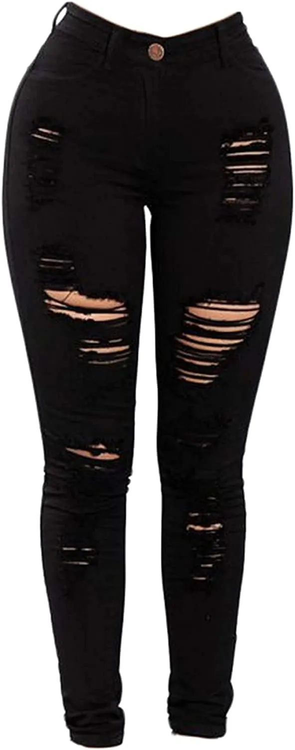Women's Stretchy Ripped Hole Skinny Jeans Distressed Jeans Stretch Skinny Jeans with Hole Butt Lifting Distressed Denim (X-Large,Black)