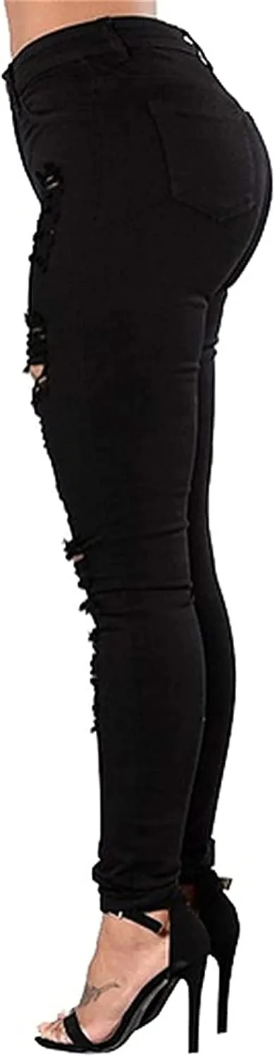Women's Stretchy Ripped Hole Skinny Jeans Distressed Jeans Stretch Skinny Jeans with Hole Butt Lifting Distressed Denim (X-Large,Black)