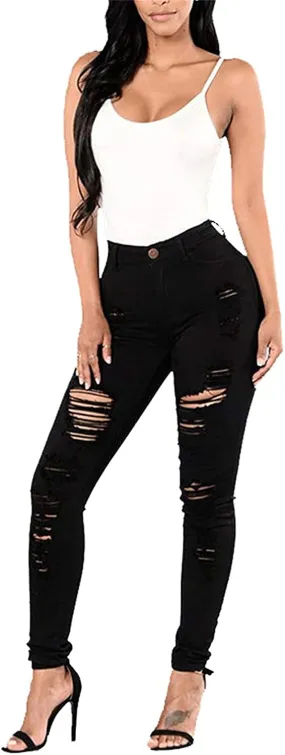 Women's Stretchy Ripped Hole Skinny Jeans Distressed Jeans Stretch Skinny Jeans with Hole Butt Lifting Distressed Denim (X-Large,Black)