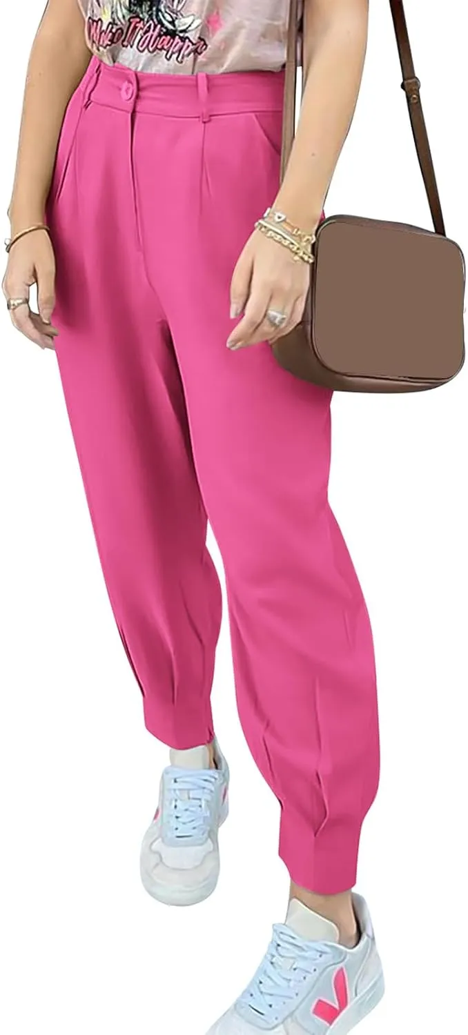 Womens Tapered Pants Summer High Waist Business Pant Harem Pants Solid Color Loose Fit Casual Trousers with Pockets