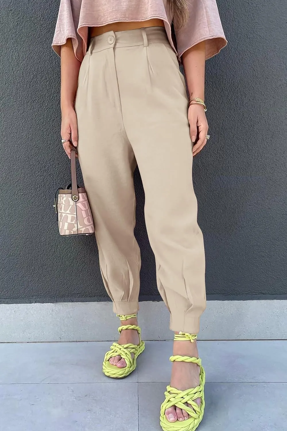 Womens Tapered Pants Summer High Waist Business Pant Harem Pants Solid Color Loose Fit Casual Trousers with Pockets
