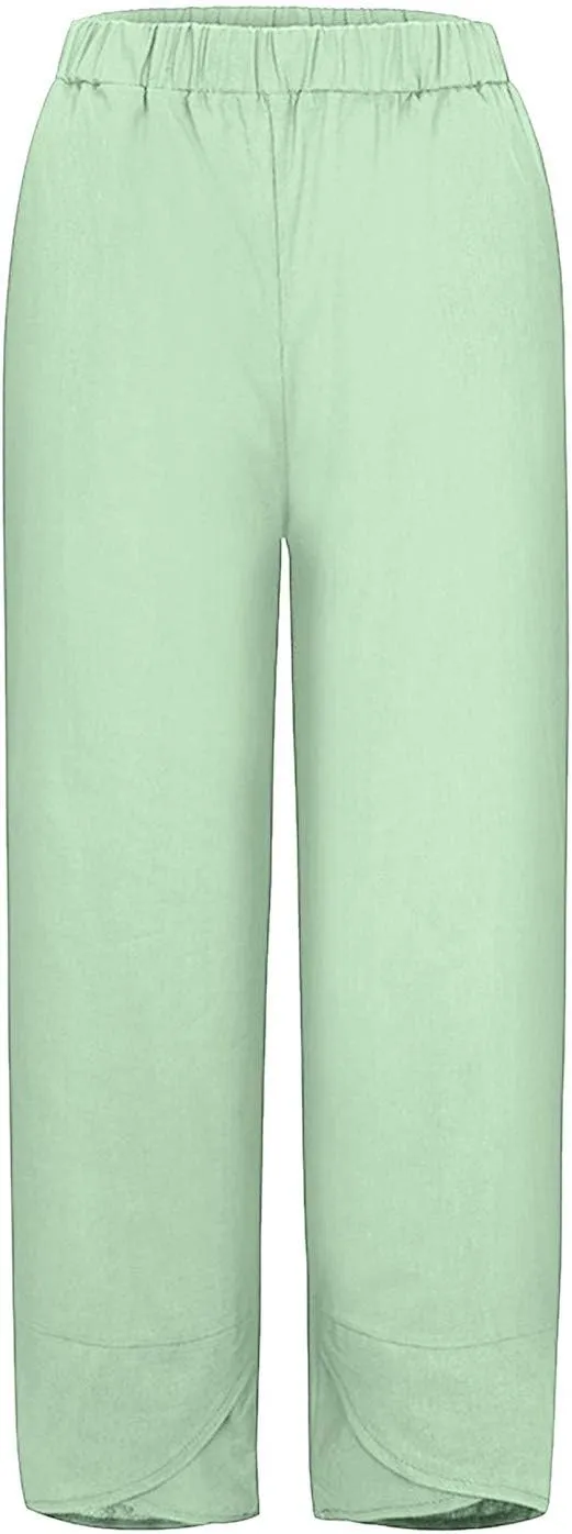 Women's Tulip Hem Linen Pants Elastic Waist Straight-Leg Loose Summer Pants Stretchy Casual Trousers with Pockets