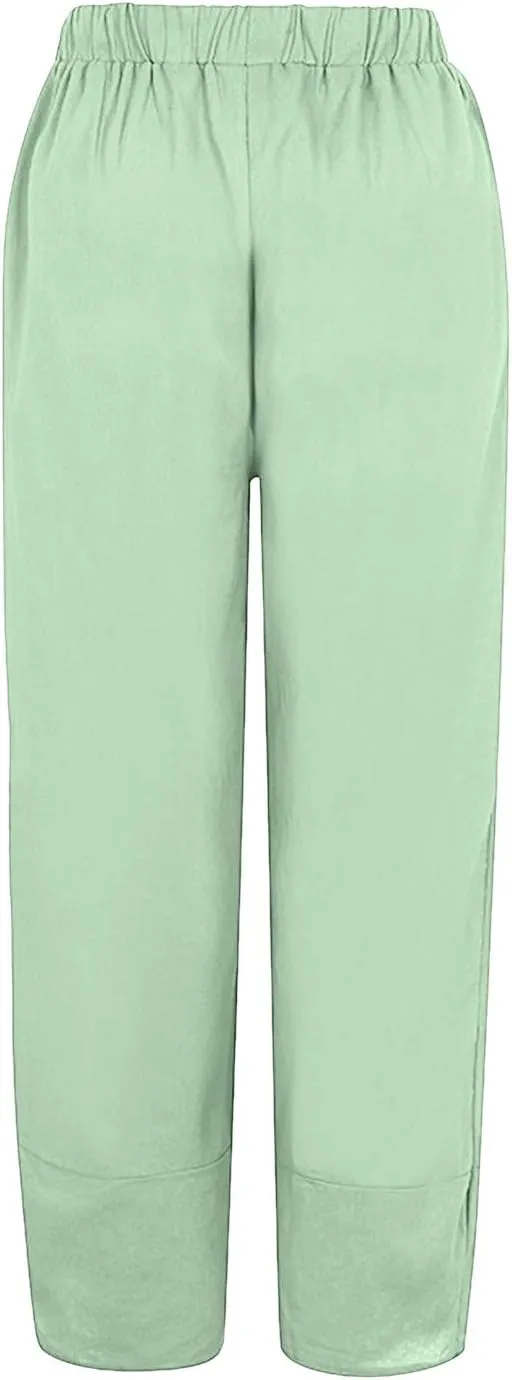 Women's Tulip Hem Linen Pants Elastic Waist Straight-Leg Loose Summer Pants Stretchy Casual Trousers with Pockets