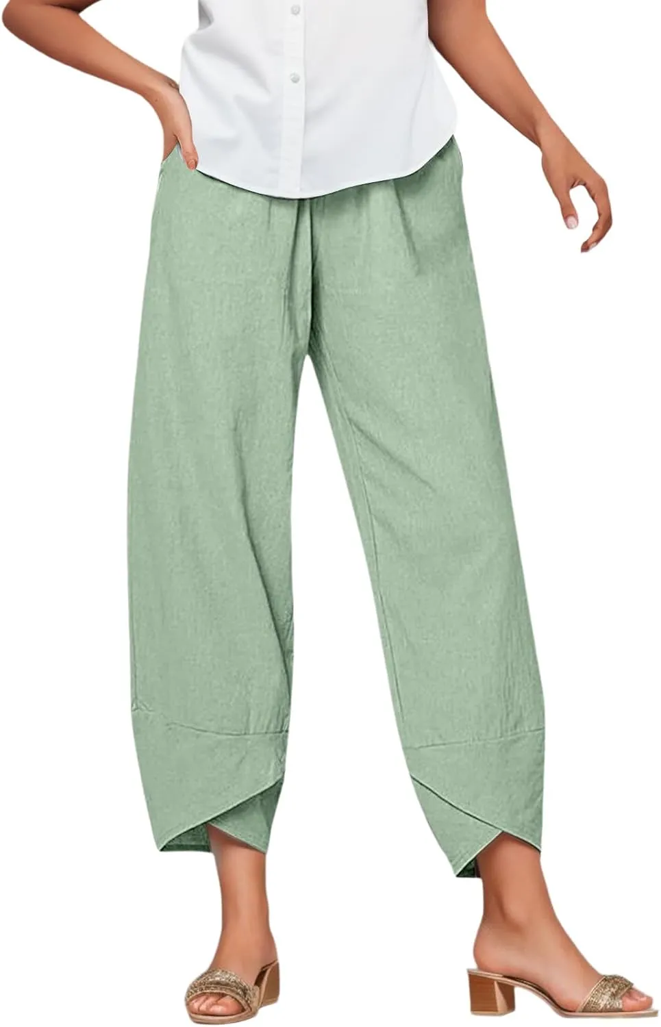 Women's Tulip Hem Linen Pants Elastic Waist Straight-Leg Loose Summer Pants Stretchy Casual Trousers with Pockets