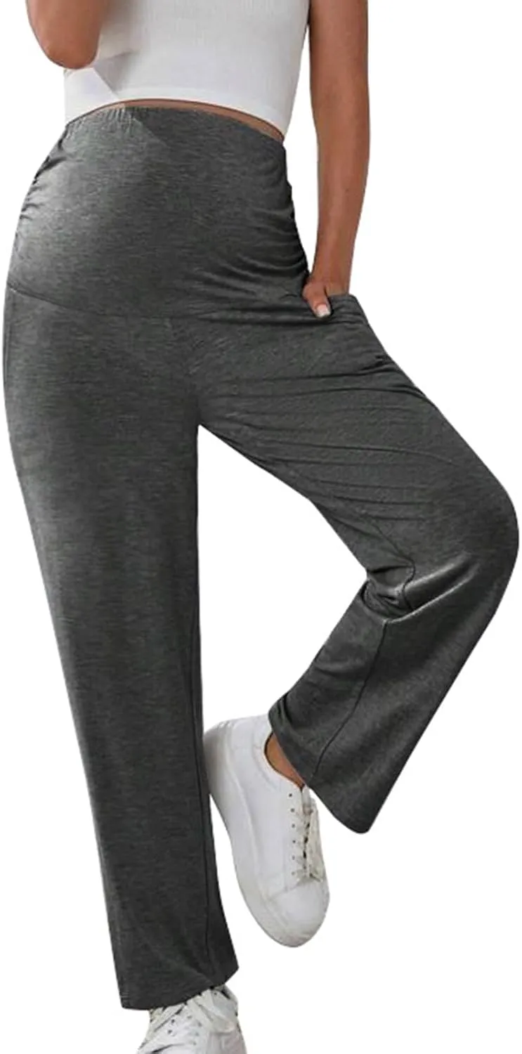 Women's Wide Leg Baggy Sweatpants Maternity Tall 2024 Open Bottom Joggers Over The Belly Stretchy Open Leg Trousers