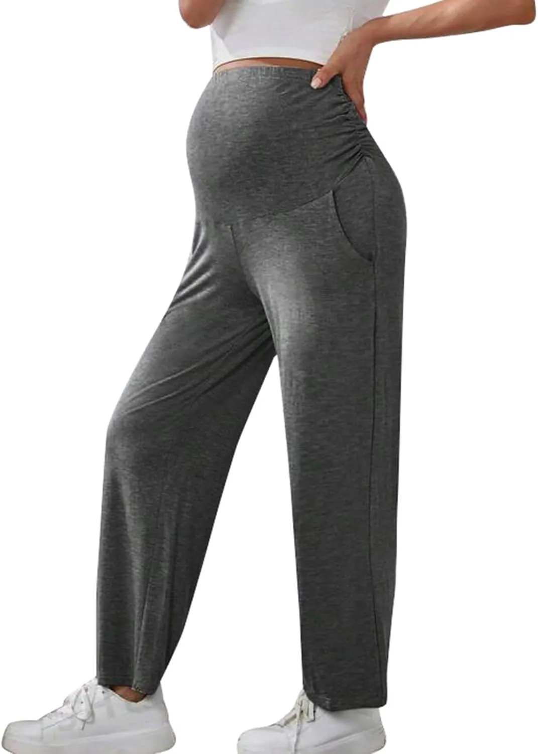Women's Wide Leg Baggy Sweatpants Maternity Tall 2024 Open Bottom Joggers Over The Belly Stretchy Open Leg Trousers