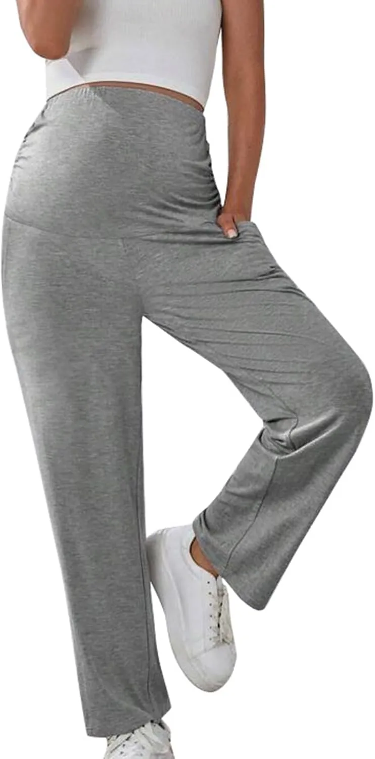 Women's Wide Leg Baggy Sweatpants Maternity Tall 2024 Open Bottom Joggers Over The Belly Stretchy Open Leg Trousers