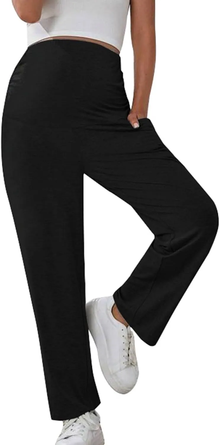 Women's Wide Leg Baggy Sweatpants Maternity Tall 2024 Open Bottom Joggers Over The Belly Stretchy Open Leg Trousers