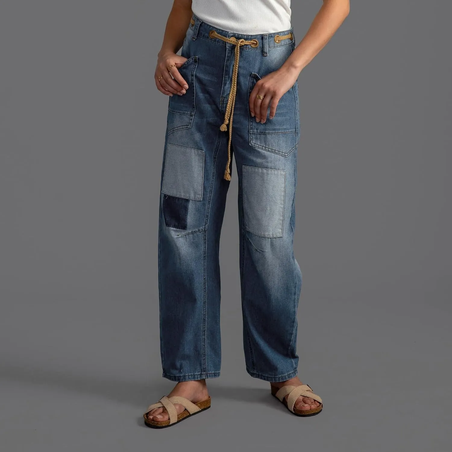 Women's Wide Leg Jeans High Waisted Drawstring Stretchy Long Trousers Boyfriend Loose Trendy Denim Pants with Pocket
