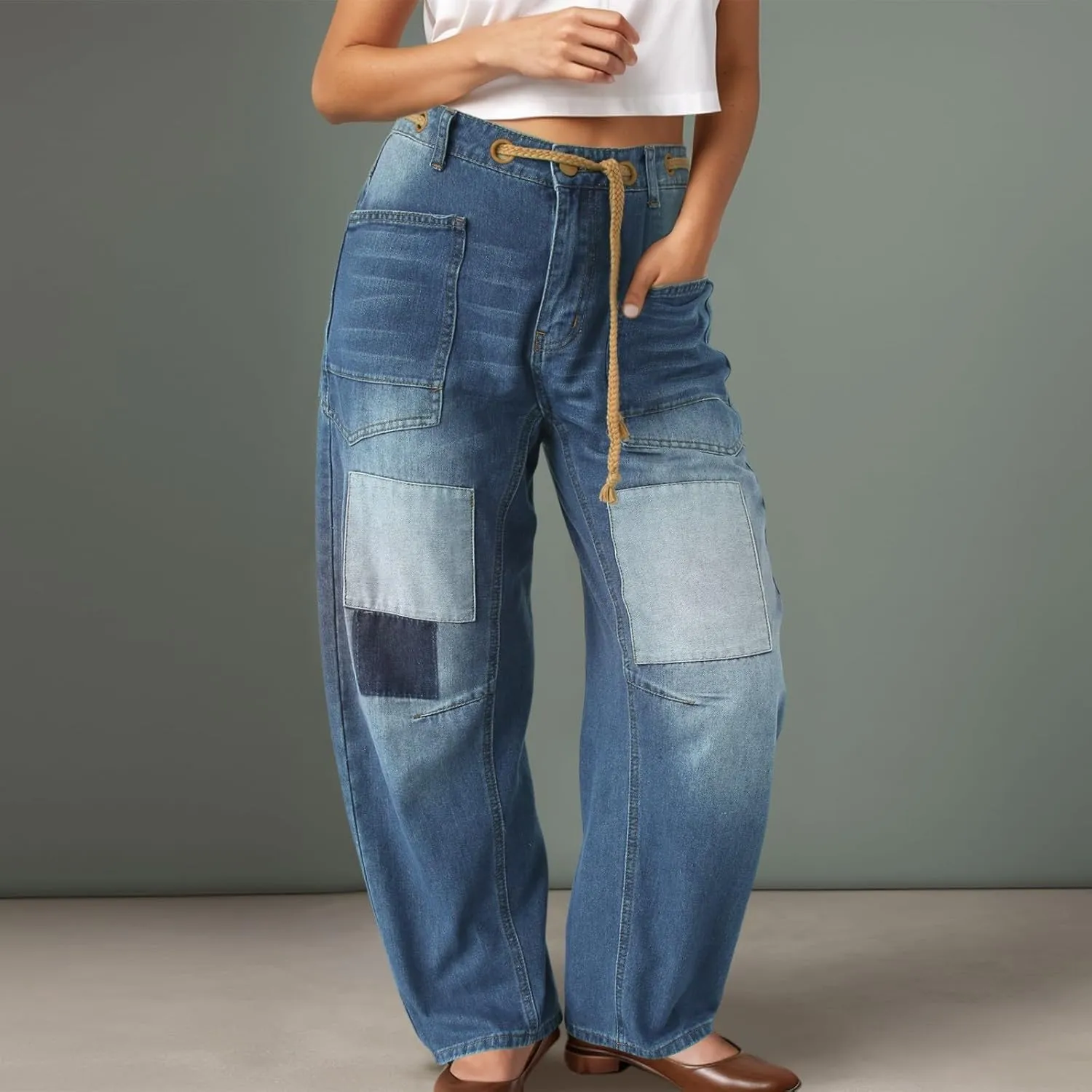 Women's Wide Leg Jeans High Waisted Drawstring Stretchy Long Trousers Boyfriend Loose Trendy Denim Pants with Pocket