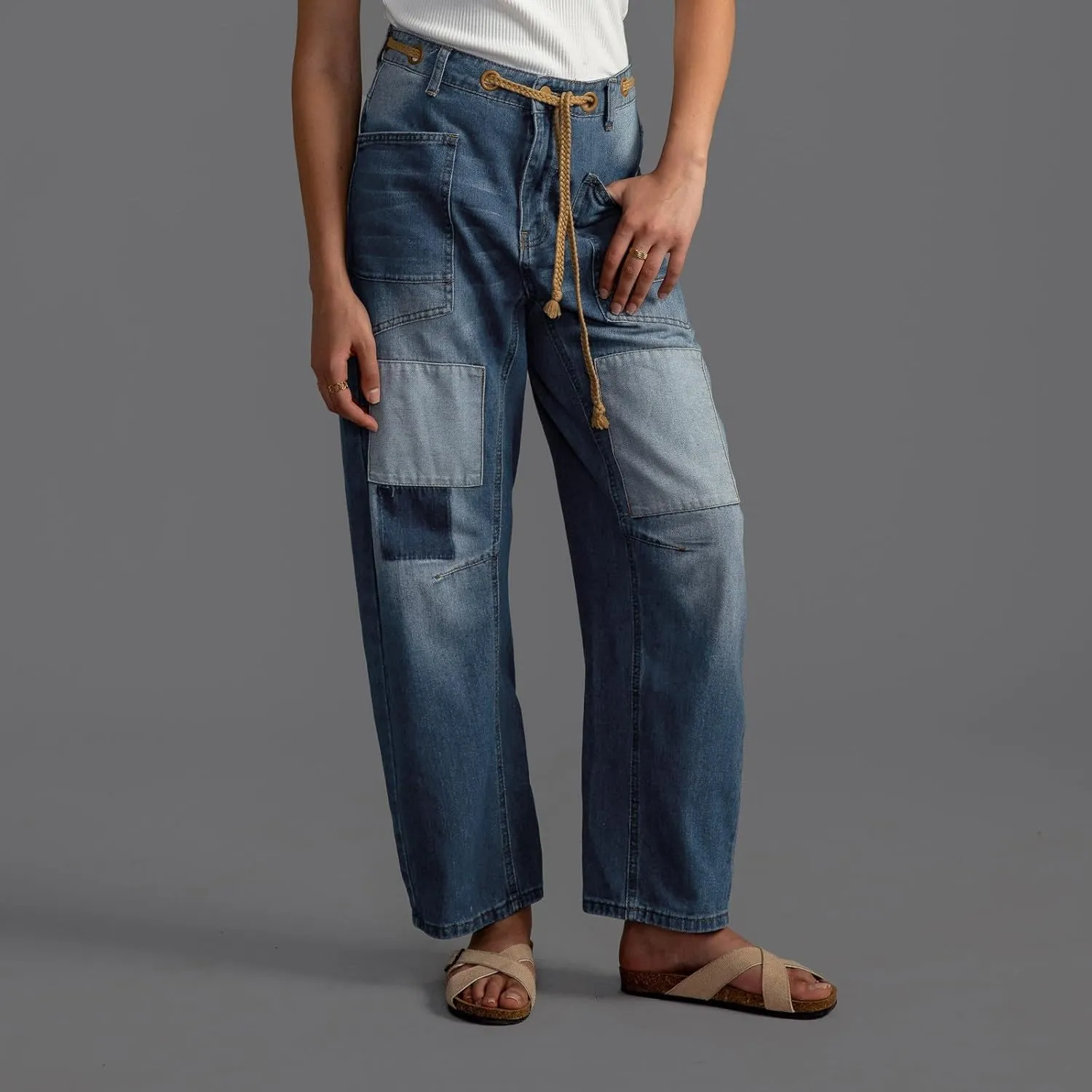 Women's Wide Leg Jeans High Waisted Drawstring Stretchy Long Trousers Boyfriend Loose Trendy Denim Pants with Pocket