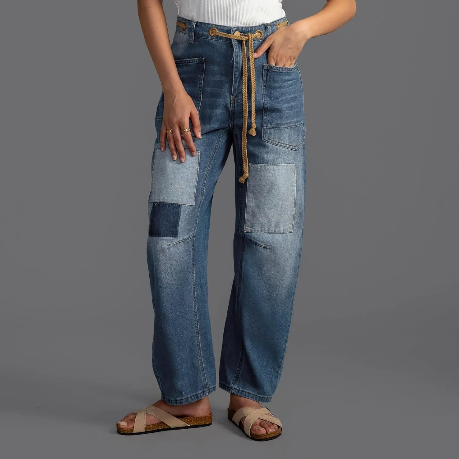 Women's Wide Leg Jeans High Waisted Drawstring Stretchy Long Trousers Boyfriend Loose Trendy Denim Pants with Pocket