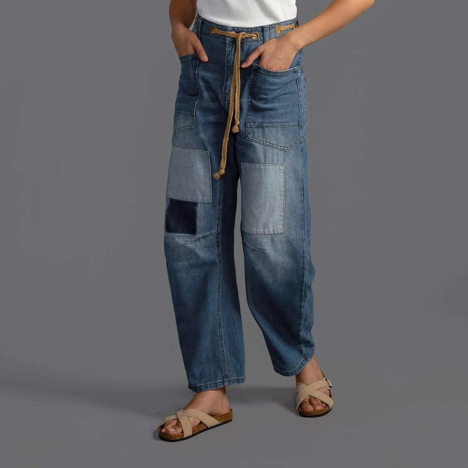 Women's Wide Leg Jeans High Waisted Drawstring Stretchy Long Trousers Boyfriend Loose Trendy Denim Pants with Pocket