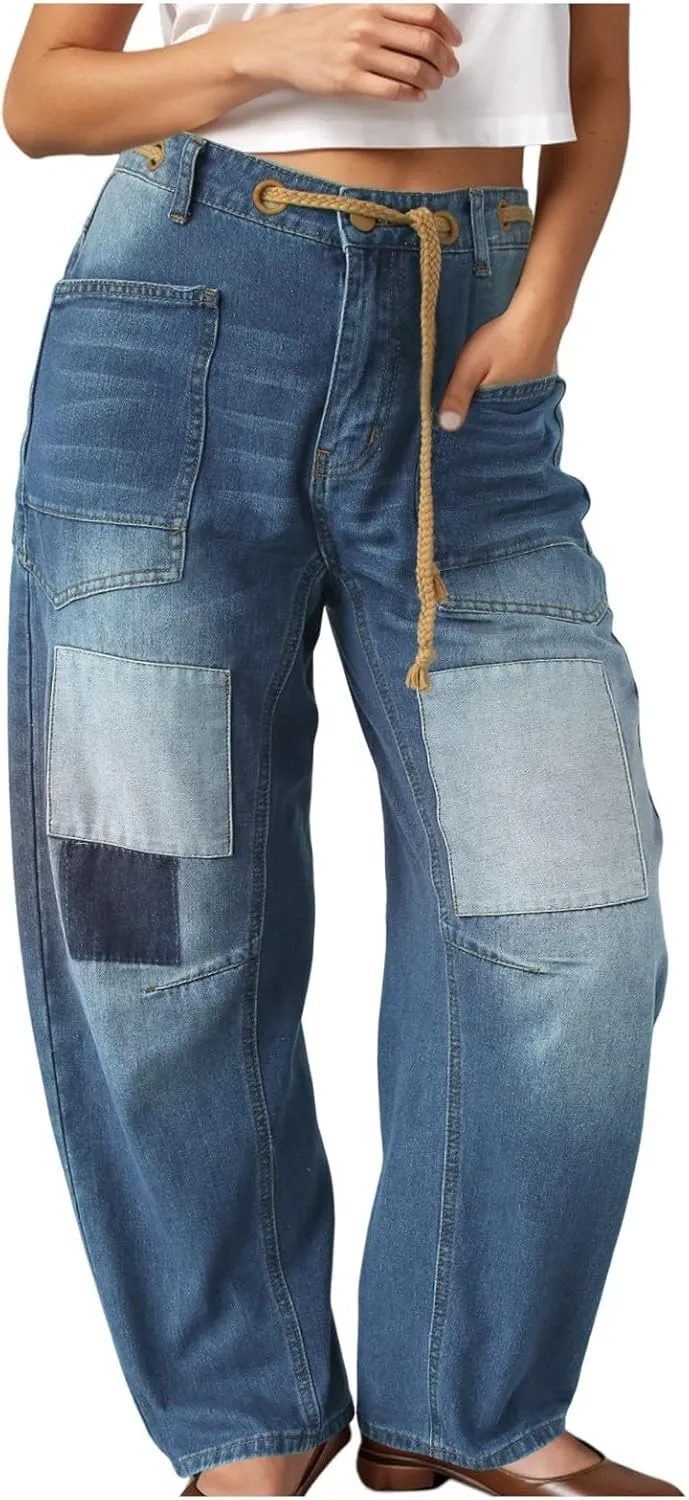Women's Wide Leg Jeans High Waisted Drawstring Stretchy Long Trousers Boyfriend Loose Trendy Denim Pants with Pocket