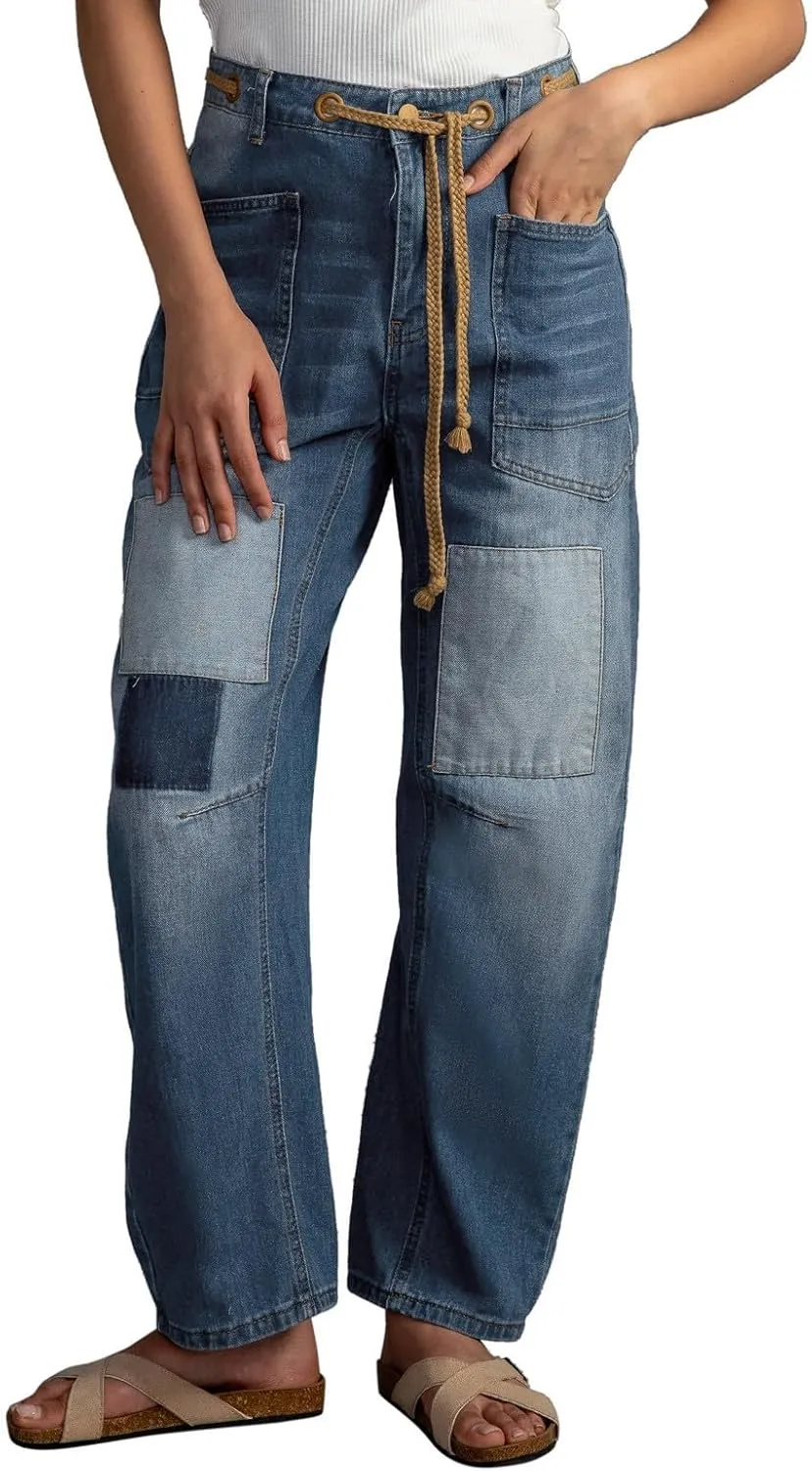 Women's Wide Leg Jeans High Waisted Drawstring Stretchy Long Trousers Boyfriend Loose Trendy Denim Pants with Pocket