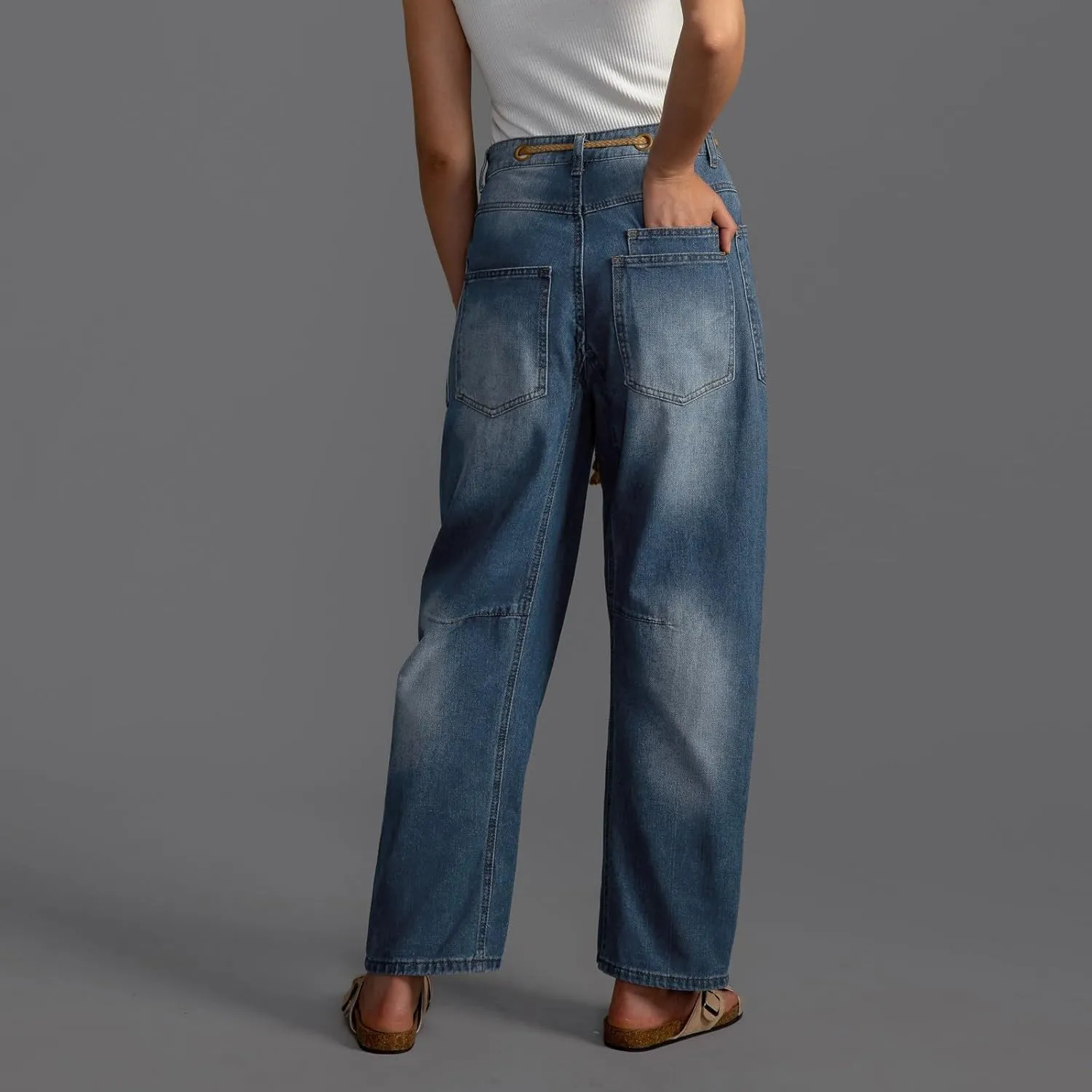 Women's Wide Leg Jeans High Waisted Drawstring Stretchy Long Trousers Boyfriend Loose Trendy Denim Pants with Pocket