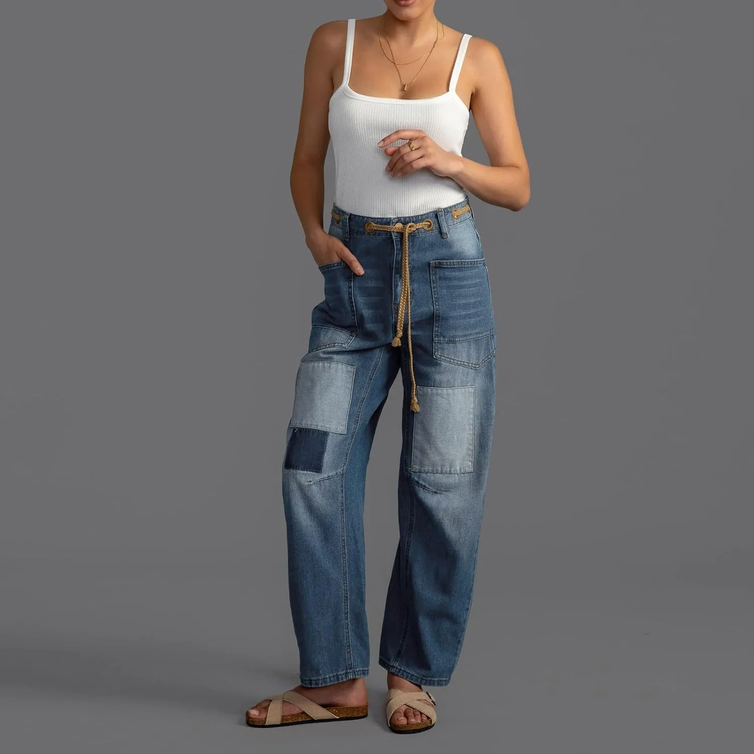 Women's Wide Leg Jeans High Waisted Drawstring Stretchy Long Trousers Boyfriend Loose Trendy Denim Pants with Pocket