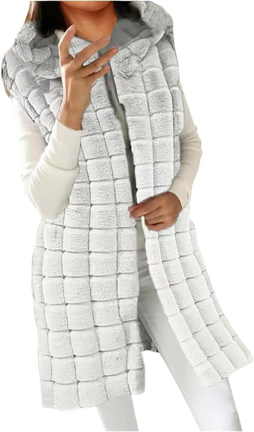 XUNRYAN Winter Faux-Fur Jackets Women Sleeveless Vest Long Fluffy Coat Hooded Fuzzy Casual Warm Outerwear Fashion Clothes