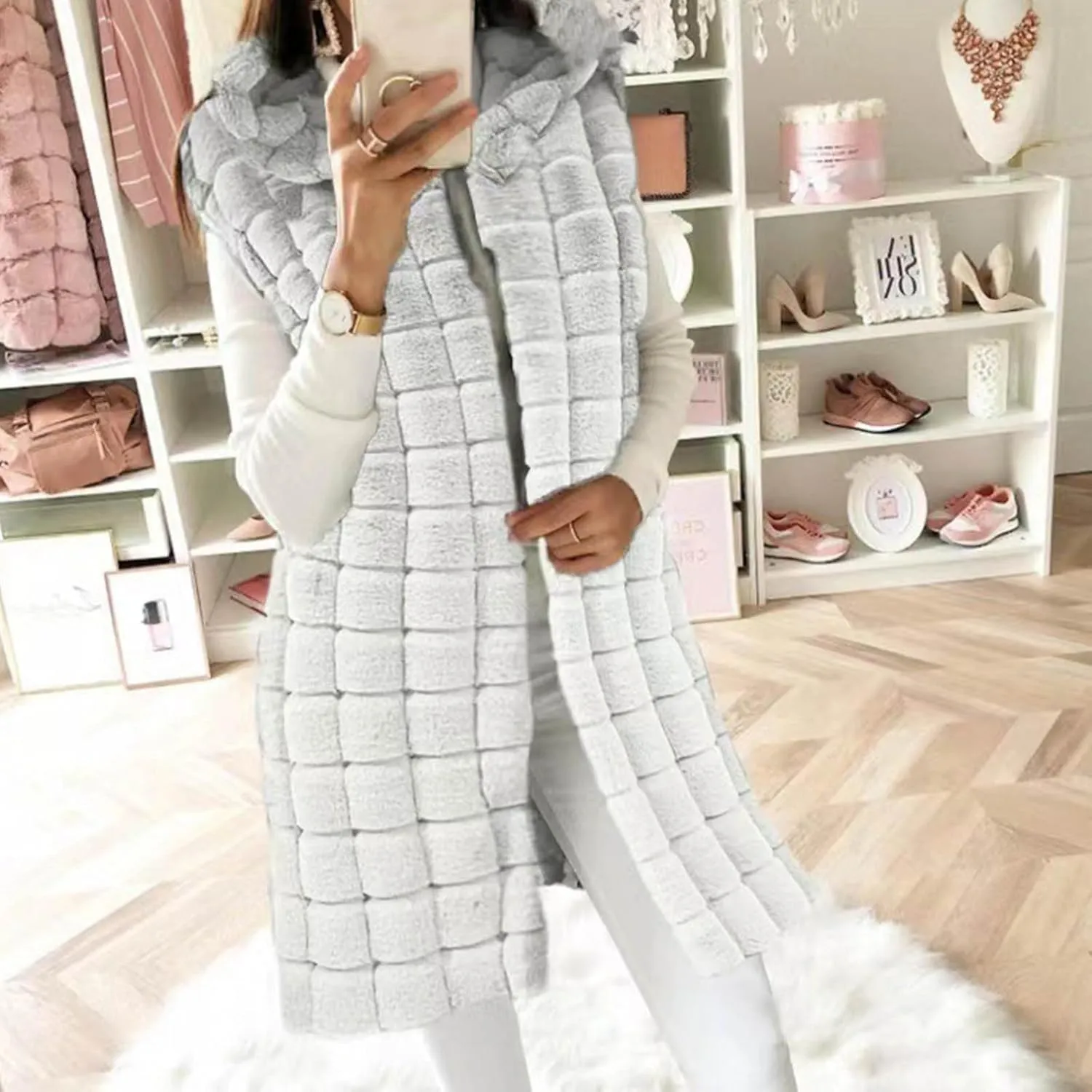 XUNRYAN Winter Faux-Fur Jackets Women Sleeveless Vest Long Fluffy Coat Hooded Fuzzy Casual Warm Outerwear Fashion Clothes
